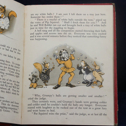 Illustrated book page with characters juggling balls and text.