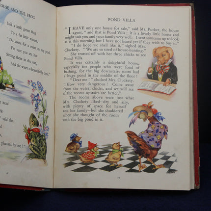 Open book with illustrations and text, featuring a bear, rooster, and other characters on a checkered floor.