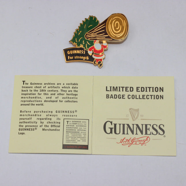Guinness badge collection with a limited edition badge on a leaflet