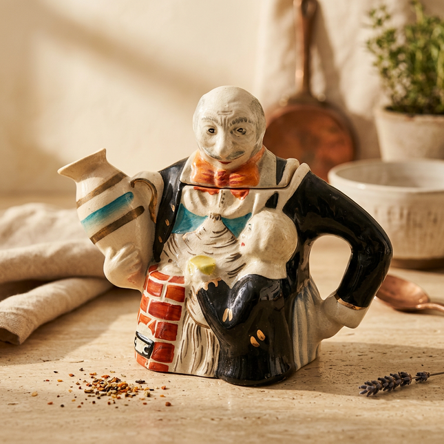 A ceramic figurine of a man holding a jug and a rabbit, styled on a wooden table with warm, rustic props including a cloth, dried lavender, and a small plant in the background.