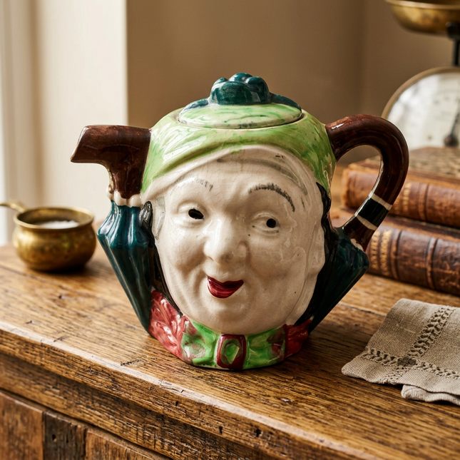 A ceramic teapot with a detailed face, styled on a rustic wooden table next to books and a brass cup.