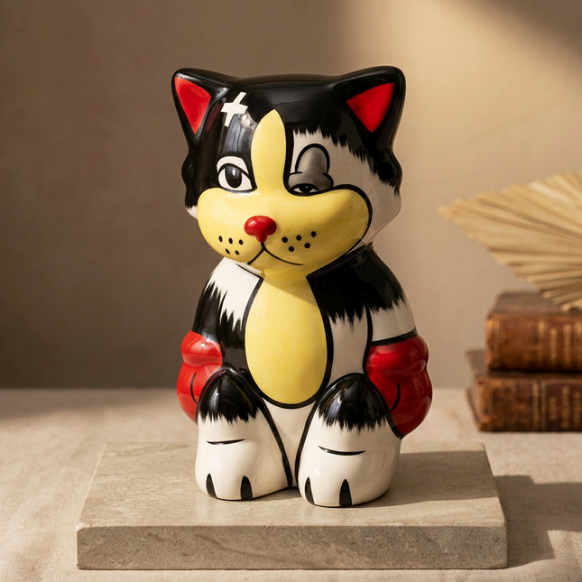 A stylized ceramic cat figurine sitting on a stone slab, with a black, white, and yellow body, red accents, and a small white cross on its forehead, photographed in a warm indoor setting with books in the background.
