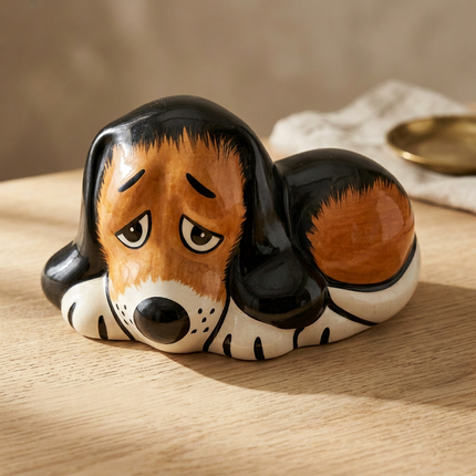 A ceramic dog figurine shaped like a lying basset hound, featuring a sad expression, in black, brown, and cream colors, displayed on a light wooden surface.