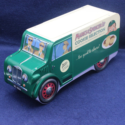 Model of a green and white van with 'Marks & Spencer' branding on a blue background