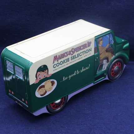 Model of a vintage delivery van with 'Marks & Spencer Cookie Selection' branding on a blue background
