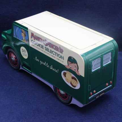 Model of a vintage delivery van with 'Marks & Spencer' branding on a blue background
