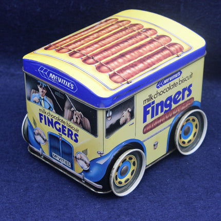 Tin container shaped like a van with 'Fingers' chocolate biscuit branding on a blue background