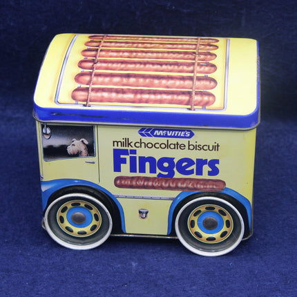 Vintage McVitie's Fingers milk chocolate biscuit tin with wheels on a blue background