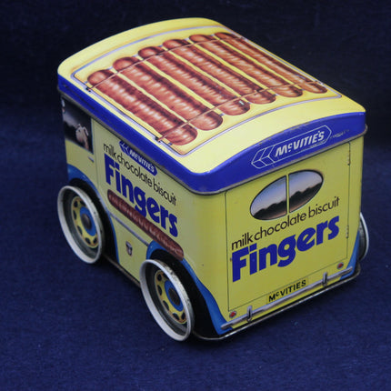McVitie's Fingers chocolate biscuit tin designed like a vintage van on a dark blue background
