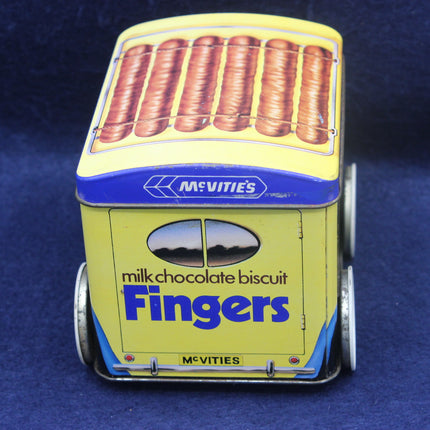 McVitie's Fingers milk chocolate biscuit tin with a blue background