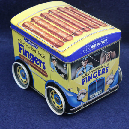 McVitie's Fingers biscuit tin designed like a vintage truck on a blue background