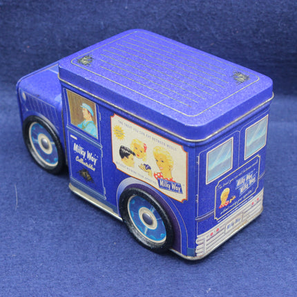 Blue toy truck with vintage design on a blue background