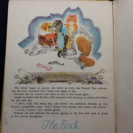 Illustrated page from a book with animals and text, featuring 'The End' at the bottom.