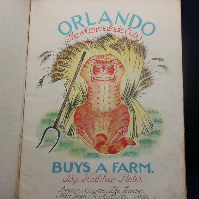 Book cover of 'Orlando (The Marmalade Cat) Buys a Farm' by Kathleen Hale with a cat illustration.