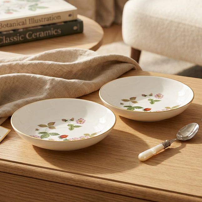 Two round white ceramic bowls with a delicate floral print and gold rim, styled on a wooden table next to a spoon with a cream handle, with a beige linen cloth and books in the background.