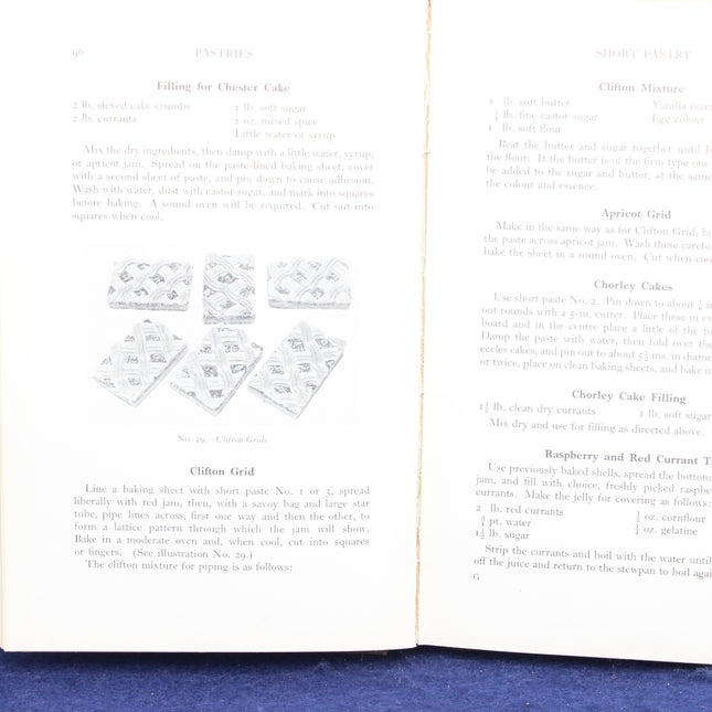 Open book with recipe pages and illustrations of cake fillings.