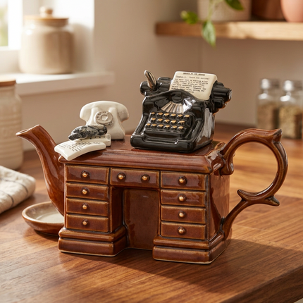 A ceramic desk teapot figurine in a warm brown glaze, styled on a wooden table with a black typewriter and white rotary telephone on top, set against a softly blurred kitchen background.