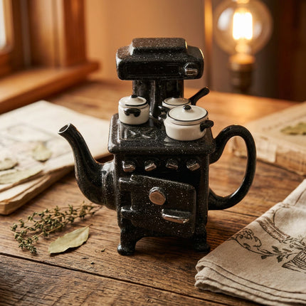 Paul Cardew country kitchen stove teapot with dark speckled finish, cream lidded pans and an ajar oven door