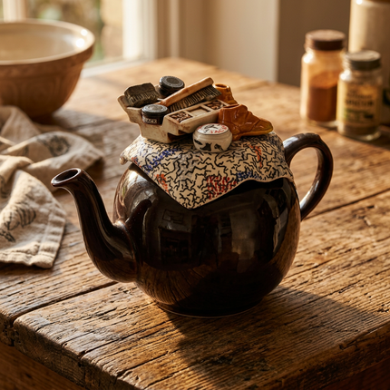 A dark brown ceramic teapot with a floral-patterned fabric lid cover sits on a rustic wooden table. Small decorative objects are arranged on top of the lid, with blurred jars and a bowl in the background.