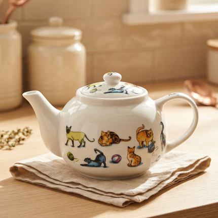 A white Paul Cardew ceramic teapot decorated with colorful illustrations of various cat breeds, resting on a folded beige cloth on a wooden table with a warm, softly blurred kitchen background.