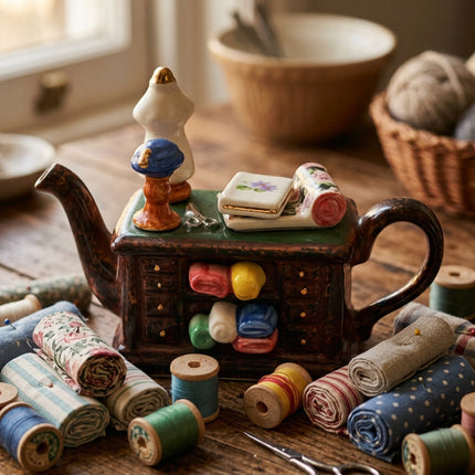 A ceramic sewing cabinet figurine designed to look like a teapot, featuring a brown body with gold-toned drawer details, a green top surface, and various colorful sewing-themed accessories including a dress form, hat, scissors, and fabric rolls.