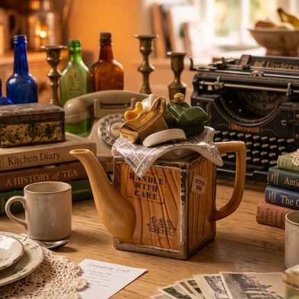 A vintage-style wooden style teapot filled with small figurines sits on a cluttered wooden table in a warm, retro-lit room. The scene includes old books, a typewriter, a gramophone, mugs, plates, and scattered newspaper pages, creating a nostalgic, mid-century modern atmosphere.