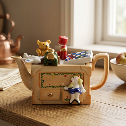 A ceramic Cardew Toy Box teapot-shaped container with whimsical figurines and accessories, displayed on a wooden table in a warm, softly lit kitchen setting.