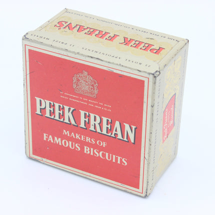 Vintage Peek Frean biscuit box with a red front panel and cream-colored sides, photographed on a white background.