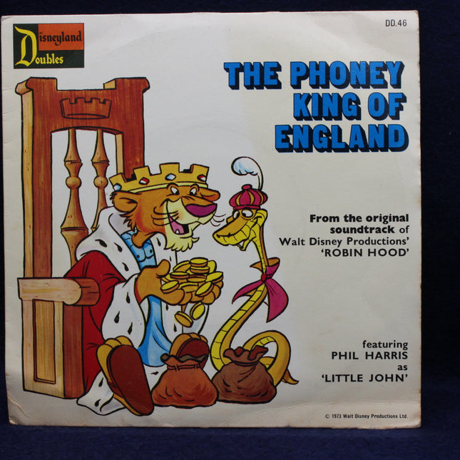 Record cover for 'The Phoney King of England' featuring cartoon characters and text about Disney's 'Robin Hood'.