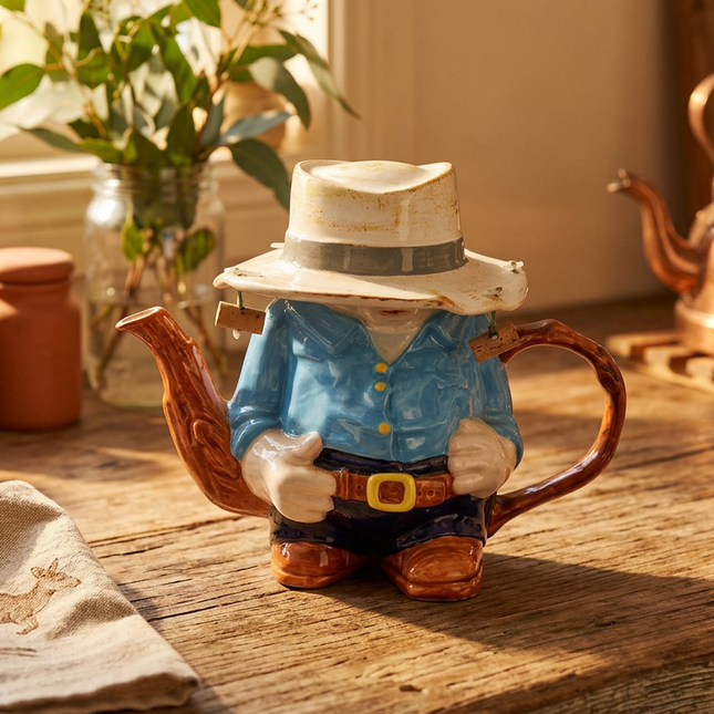 A ceramic teapot shaped like an australian character wearing a white hat, blue shirt, and brown boots, styled on a rustic wooden table with warm natural light and home decor in the background.