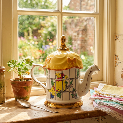 A decorative ceramic teapot with a yellow lid, gold trim, and a parrot illustration on the body, sitting on a windowsill with a potted plant, spoon, and folded lace cloth nearby.
