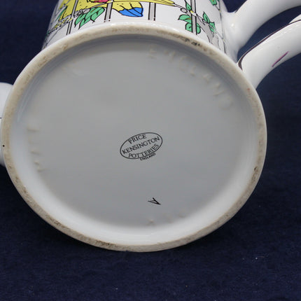 Close-up of a ceramic mug with a visible brand logo on a dark background