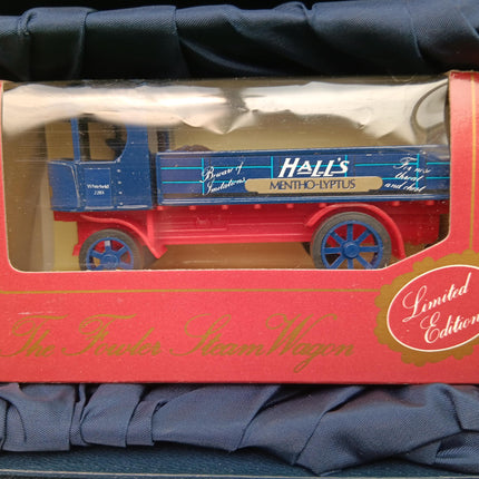 A boxed collectible model of 'The Fowler Steam Wagon', featuring a blue and red vintage steam truck with autographed markings, presented inside its red packaging box with a 'Limited Edition' badge.