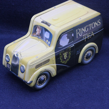 Model of a vintage van with 'Ringtons Tea' branding on a blue background