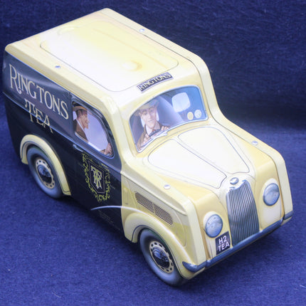 Model of a vintage van with 'Ringtons Tea' branding on a blue background