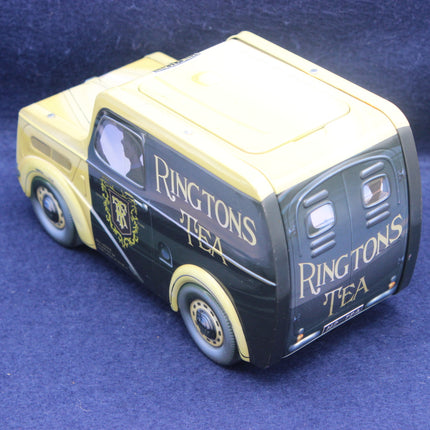 Model of a tea van with 'Ringtons Tea' branding on a blue background