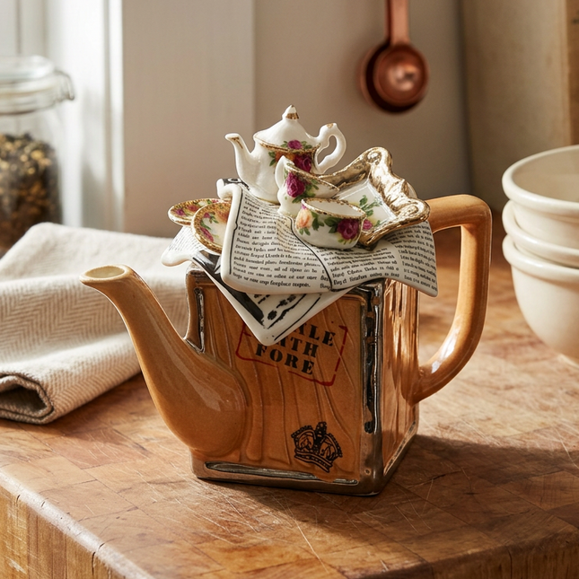 A decorative ceramic teapot-shaped container with a glossy tan handle and spout, a clear front panel, and newspaper print details, filled with matching floral teacups and saucers on a wooden tabletop.