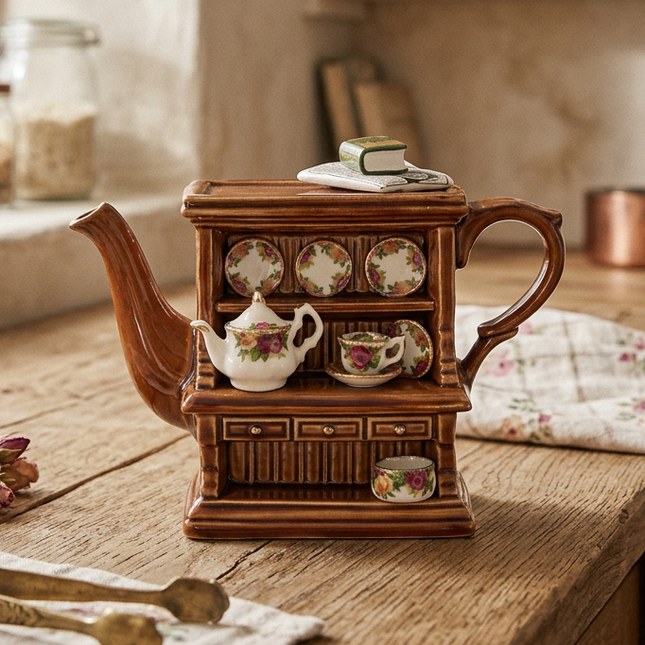 A decorative miniature tea set display shaped like a wooden cabinet, with a white porcelain teapot, teacups, floral-patterned saucers, and a small teapot on a rustic wooden table.