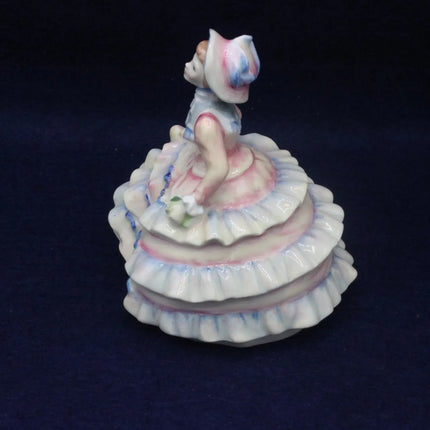 A vintage porcelain figurine of a seated girl in a ruffled white dress with pink and blue painted accents, set against a dark navy blue background.