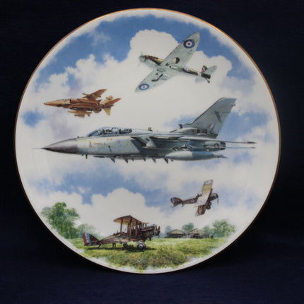 Decorative plate with vintage airplanes in a blue sky and clouds background