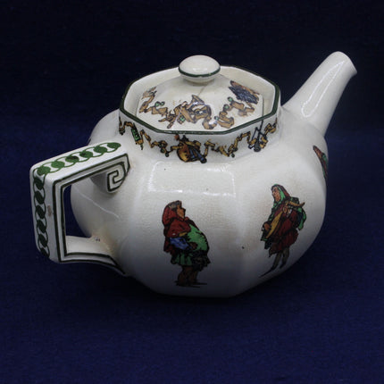White teapot with colorful decorative elements on a dark background