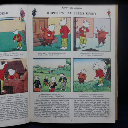 Comic strip from 'Rupert Bear' showing Rupert and his pal Greggy in various situations.