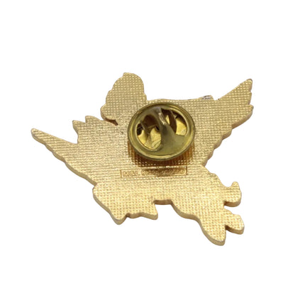 A small gold-colored Rupert Bear metal pin, with a textured finish and a round pin backing, shown on a plain light gray background.