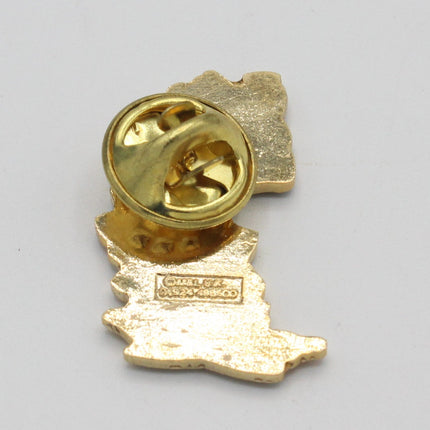 A small gold-tone enamel lapel pin shaped like the state of Louisiana, showing the back with its pin clasp mechanism on a plain light gray background.