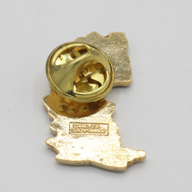 A small gold-tone enamel lapel pin shaped like the state of Louisiana, showing the back with its pin clasp mechanism on a plain light gray background.
