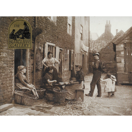 Vintage street scene with people and a sign for 'The Sutcliffe Gallery' in an urban setting.