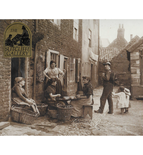 Vintage street scene with people and a sign for 'The Sutcliffe Gallery' in an urban setting.