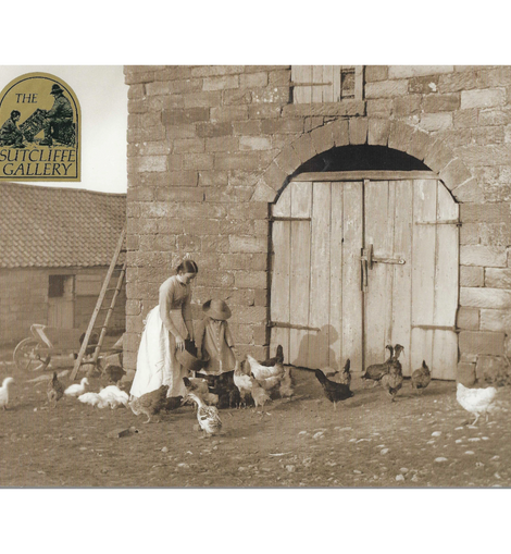 Sutcliffe Gallery Print with farm yard birds being fed by a woman