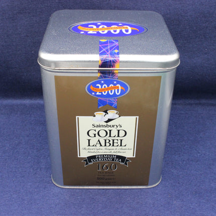Sainsbury's Gold Label tea tin on a blue background