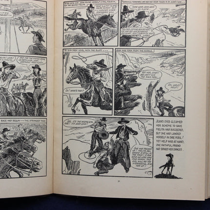 Comic book page with black and white illustrations of cowboys and horses.